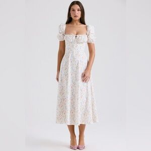 House of Cb TALLULAH White Posy Print Cotton Puff Sleeve Midi Sundress in L+